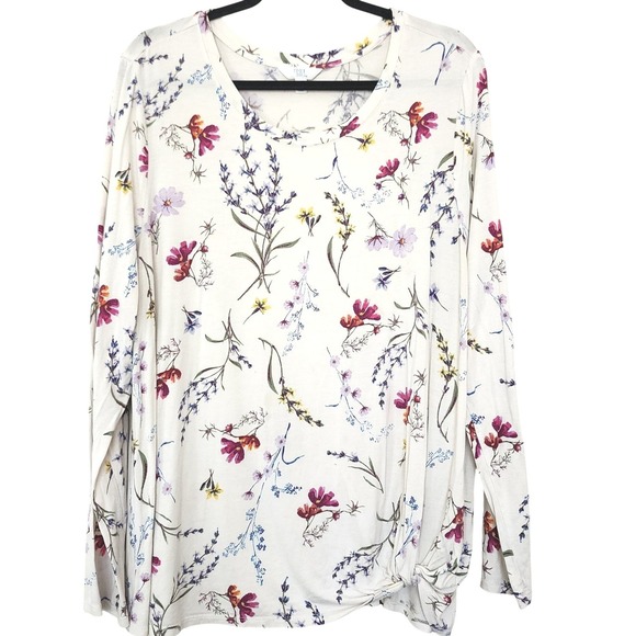 Time and Tru Tops - Womens Floral Side Knot Long Sleeve Top Ivory Wildflower XXXL Cottagecore Boho
